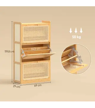 Zapatero Estrecho de Bambú con 3 Cajones Abatibles de Ratán para 18-21 Pares de Zapatos 69x29x119,8 cm Natural