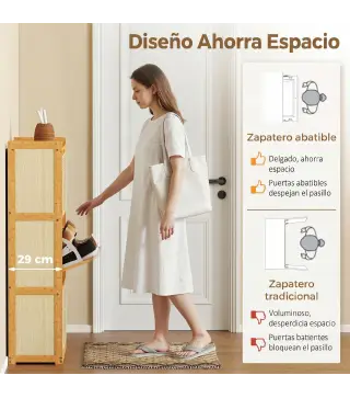 Zapatero Estrecho de Bambú con 3 Cajones Abatibles de Ratán para 18-21 Pares de Zapatos 69x29x119,8 cm Natural