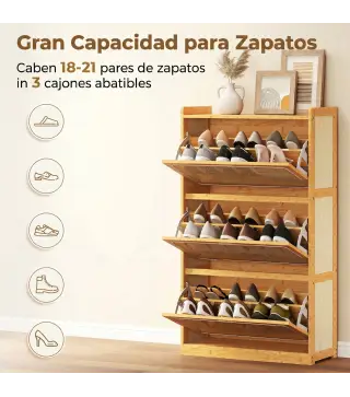 Zapatero Estrecho de Bambú con 3 Cajones Abatibles de Ratán para 18-21 Pares de Zapatos 69x29x119,8 cm Natural