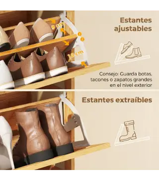 Zapatero Estrecho de Bambú con 3 Cajones Abatibles de Ratán para 18-21 Pares de Zapatos 69x29x119,8 cm Natural