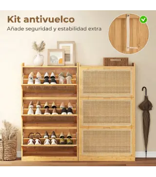 Zapatero Estrecho de Bambú con 3 Cajones Abatibles de Ratán para 18-21 Pares de Zapatos 69x29x119,8 cm Natural