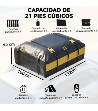 Bolsa de Techo para Coche 594L Impermeable con 6 Correas Alfombrilla Antideslizante Ganchos para Vehículos Amarillo