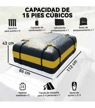 Bolsa de Techo para Coche 425L Impermeable con 8 Correas Alfombrilla Antideslizante Ganchos para Vehículos Amarillo
