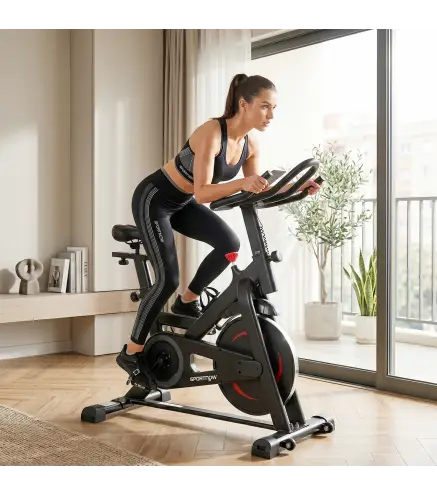 Bicicleta Estática en Casa con App Resistencia Magnética Regulable Pantalla LCD Asiento y Manillar Ajustables Ruedas