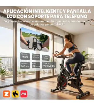 Bicicleta Estática en Casa con App Resistencia Magnética Regulable Pantalla LCD Asiento y Manillar Ajustables Ruedas