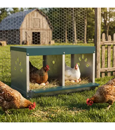 Ponedero para Gallinas de Acero Galvanizado con 2 Huecos para 2 Gallinas con Techo Impermeable y Ventilación Plateado y Verde