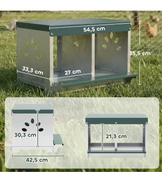 Ponedero para Gallinas de Acero Galvanizado con 2 Huecos para 2 Gallinas con Techo Impermeable y Ventilación Plateado y Verde