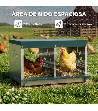 Ponedero para Gallinas de Acero Galvanizado con 2 Huecos para 2 Gallinas con Techo Impermeable y Ventilación Plateado y Verde
