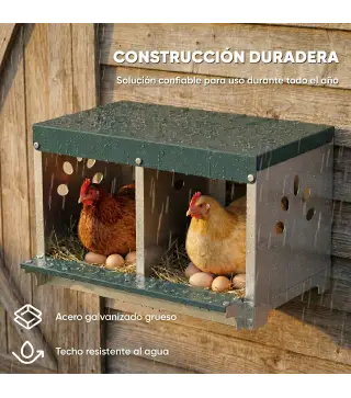 Ponedero para Gallinas de Acero Galvanizado con 2 Huecos para 2 Gallinas con Techo Impermeable y Ventilación Plateado y Verde