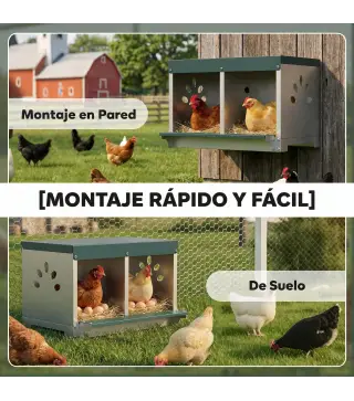 Ponedero para Gallinas de Acero Galvanizado con 2 Huecos para 2 Gallinas con Techo Impermeable y Ventilación Plateado y Verde