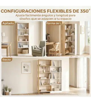 Estantería Expandible 5 Niveles Giratoria 350° Ancho Ajustable Convertible en en L Recta o Compacta 111,5x23,8x163,7 cm