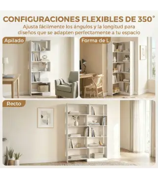 Estantería Expandible 5 Niveles Giratoria 350° Ancho Ajustable Convertible en en L Recta o Compacta 111,5x23,8x163,7 cm