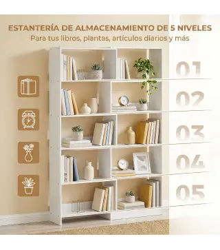 Estantería Expandible 5 Niveles Giratoria 350° Ancho Ajustable Convertible en en L Recta o Compacta 111,5x23,8x163,7 cm