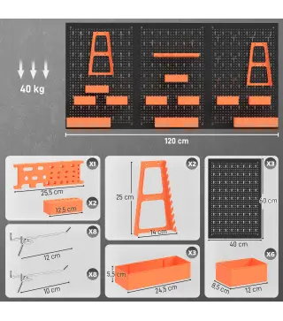 Organizador de Herramientas de Pared de 33 Piezas 120x60 cm con Ganchos Contenedores y Estantes Negro y Naranja