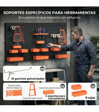 Organizador de Herramientas de Pared de 33 Piezas 120x60 cm con Ganchos Contenedores y Estantes Negro y Naranja