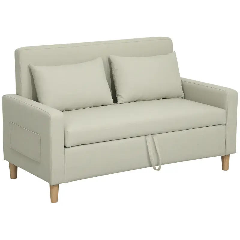 Sofá de 2 Plazas Tapizado en Lino Sintético con Espacio de Almacenaje 2 Almohadas y Patas de Madera 135x71x84 cm Beige