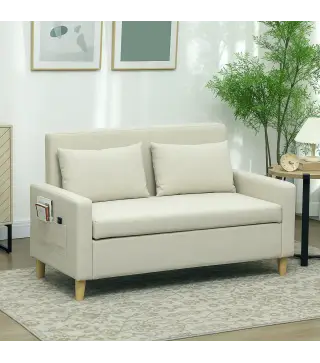Sofá de 2 Plazas Tapizado en Lino Sintético con Espacio de Almacenaje 2 Almohadas y Patas de Madera 135x71x84 cm Beige