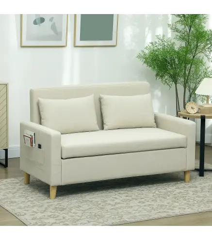 Sofá de 2 Plazas Tapizado en Lino Sintético con Espacio de Almacenaje 2 Almohadas y Patas de Madera 135x71x84 cm Beige