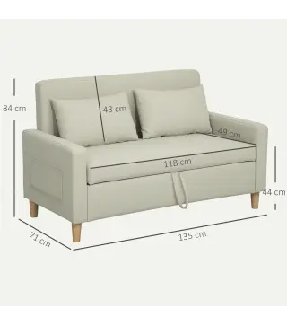 Sofá de 2 Plazas Tapizado en Lino Sintético con Espacio de Almacenaje 2 Almohadas y Patas de Madera 135x71x84 cm Beige