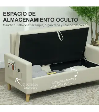 Sofá de 2 Plazas Tapizado en Lino Sintético con Espacio de Almacenaje 2 Almohadas y Patas de Madera 135x71x84 cm Beige