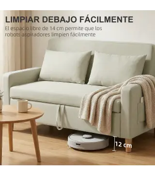 Sofá de 2 Plazas Tapizado en Lino Sintético con Espacio de Almacenaje 2 Almohadas y Patas de Madera 135x71x84 cm Beige