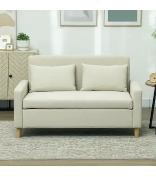 Sofá de 2 Plazas Tapizado en Lino Sintético con Espacio de Almacenaje 2 Almohadas y Patas de Madera 135x71x84 cm Beige