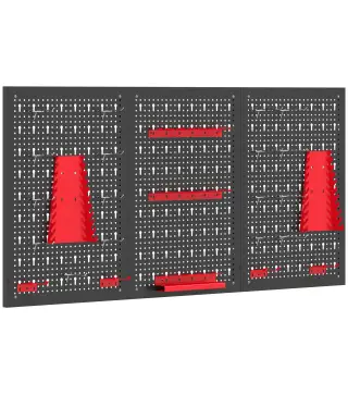 3 Paneles de Herramientas de Pared 28 Piezas cada panel 60x40 cm con Ganchos y Estantes Negro y Rojo