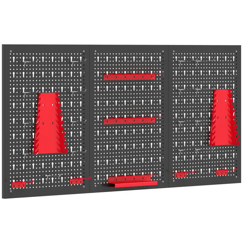 3 Paneles de Herramientas de Pared 28 Piezas cada panel 60x40 cm con Ganchos y Estantes Negro y Rojo