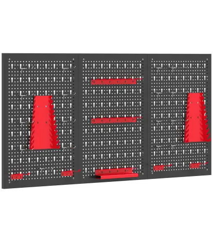 3 Paneles de Herramientas de Pared 28 Piezas cada panel 60x40 cm con Ganchos y Estantes Negro y Rojo