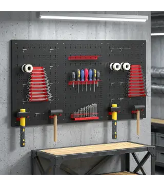3 Paneles de Herramientas de Pared 28 Piezas cada panel 60x40 cm con Ganchos y Estantes Negro y Rojo