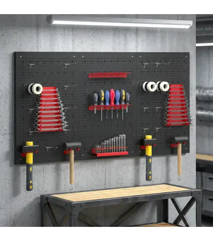 3 Paneles de Herramientas de Pared 28 Piezas cada panel 60x40 cm con Ganchos y Estantes Negro y Rojo
