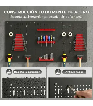 3 Paneles de Herramientas de Pared 28 Piezas cada panel 60x40 cm con Ganchos y Estantes Negro y Rojo