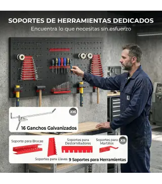 3 Paneles de Herramientas de Pared 28 Piezas cada panel 60x40 cm con Ganchos y Estantes Negro y Rojo