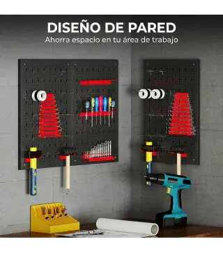 3 Paneles de Herramientas de Pared 28 Piezas cada panel 60x40 cm con Ganchos y Estantes Negro y Rojo