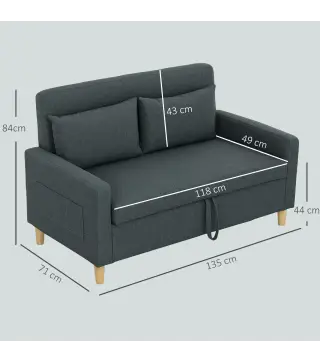 Sofá de 2 Plazas Tapizado en Lino Sintético con Espacio de Almacenaje 2 Almohadas y Patas de Madera 135x71x84 cm Gris