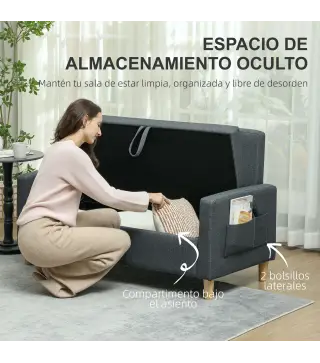 Sofá de 2 Plazas Tapizado en Lino Sintético con Espacio de Almacenaje 2 Almohadas y Patas de Madera 135x71x84 cm Gris