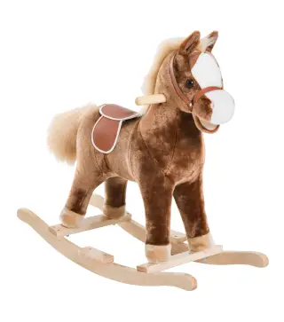 Caballo de Juguete para Niños de +3 Años con Asas Marco de Metal y Base de Madera Carga 40 kg 74x33x62 cm Marrón