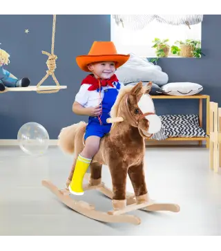 Caballo de Juguete para Niños de +3 Años con Asas Marco de Metal y Base de Madera Carga 40 kg 74x33x62 cm Marrón