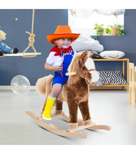 Caballo de Juguete para Niños de +3 Años con Asas Marco de Metal y Base de Madera Carga 40 kg 74x33x62 cm Marrón