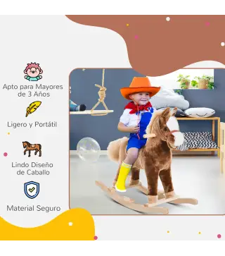 Caballo de Juguete para Niños de +3 Años con Asas Marco de Metal y Base de Madera Carga 40 kg 74x33x62 cm Marrón