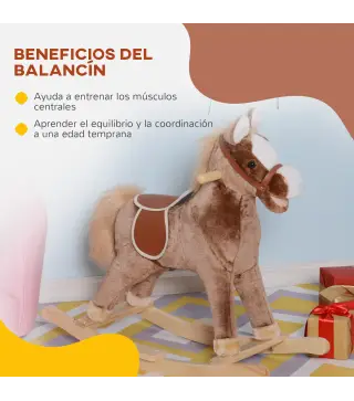 Caballo de Juguete para Niños de +3 Años con Asas Marco de Metal y Base de Madera Carga 40 kg 74x33x62 cm Marrón