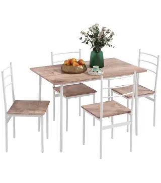 Conjunto de Comedor 5 Piezas Juego de 1 Mesa y 4 Sillas con Pies Acero para Cocina 110x70x75 cm Madera Natural y Blanco