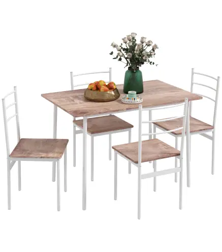 Conjunto de Comedor 5 Piezas Juego de 1 Mesa y 4 Sillas con Pies Acero para Cocina 110x70x75 cm Madera Natural y Blanco