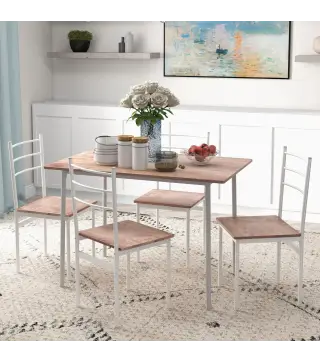 Conjunto de Comedor 5 Piezas Juego de 1 Mesa y 4 Sillas con Pies Acero para Cocina 110x70x75 cm Madera Natural y Blanco