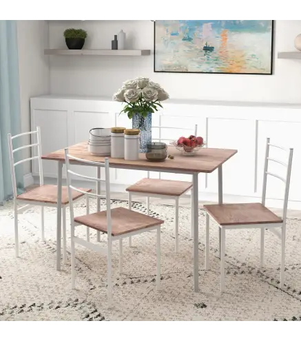 Conjunto de Comedor 5 Piezas Juego de 1 Mesa y 4 Sillas con Pies Acero para Cocina 110x70x75 cm Madera Natural y Blanco