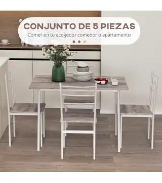Conjunto de Comedor 5 Piezas Juego de 1 Mesa y 4 Sillas con Pies Acero para Cocina 110x70x75 cm Madera Natural y Blanco