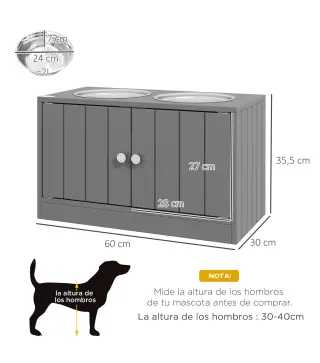 Comedero Elevado para Perros Grandes con 2 Cuencos de 2000ml y Almacenamiento Oculto 60x30x35,5 cm Gris