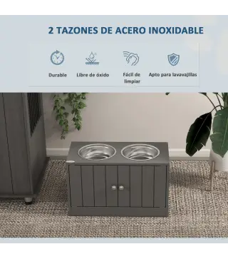 Comedero Elevado para Perros Grandes con 2 Cuencos de 2000ml y Almacenamiento Oculto 60x30x35,5 cm Gris