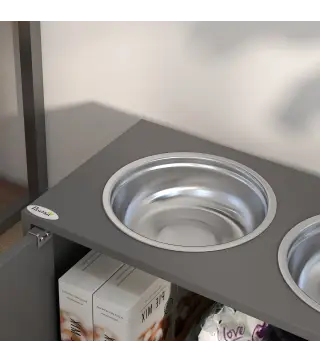 Comedero Elevado para Perros Grandes con 2 Cuencos de 2000ml y Almacenamiento Oculto 60x30x35,5 cm Gris