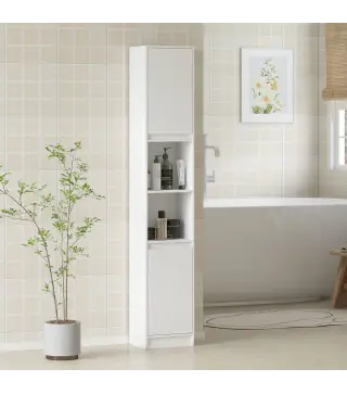 Columna de Baño Estrecha con 2 Puertas y 2 Estantes Abiertos para Espacios Pequeños 30x24x170 cm Blanco